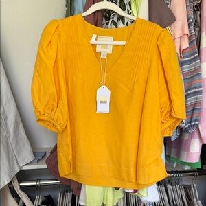 Yellow Pleated Puff Sleeve Blouse with V-Neck